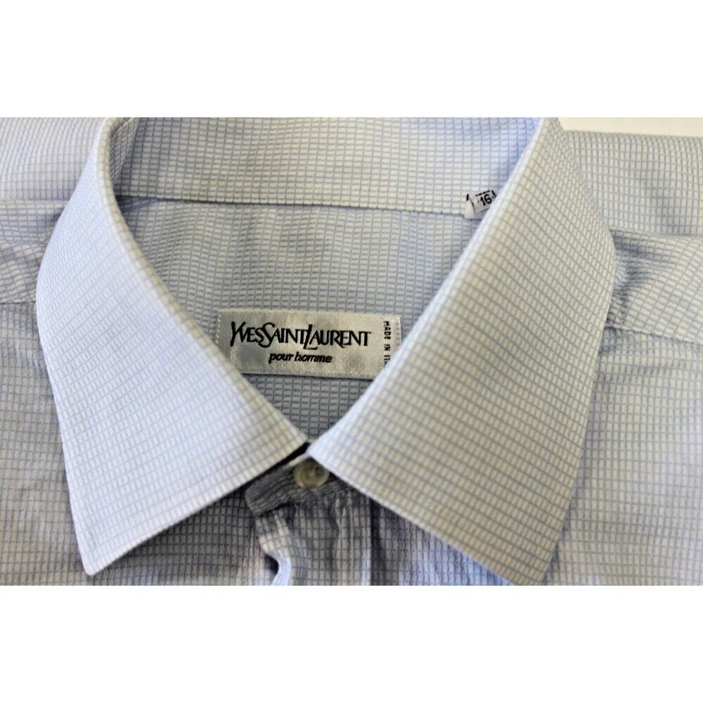Yves Saint Laurent Mens Button Up Dress Shirt Blue and White Check 16.5 / 42